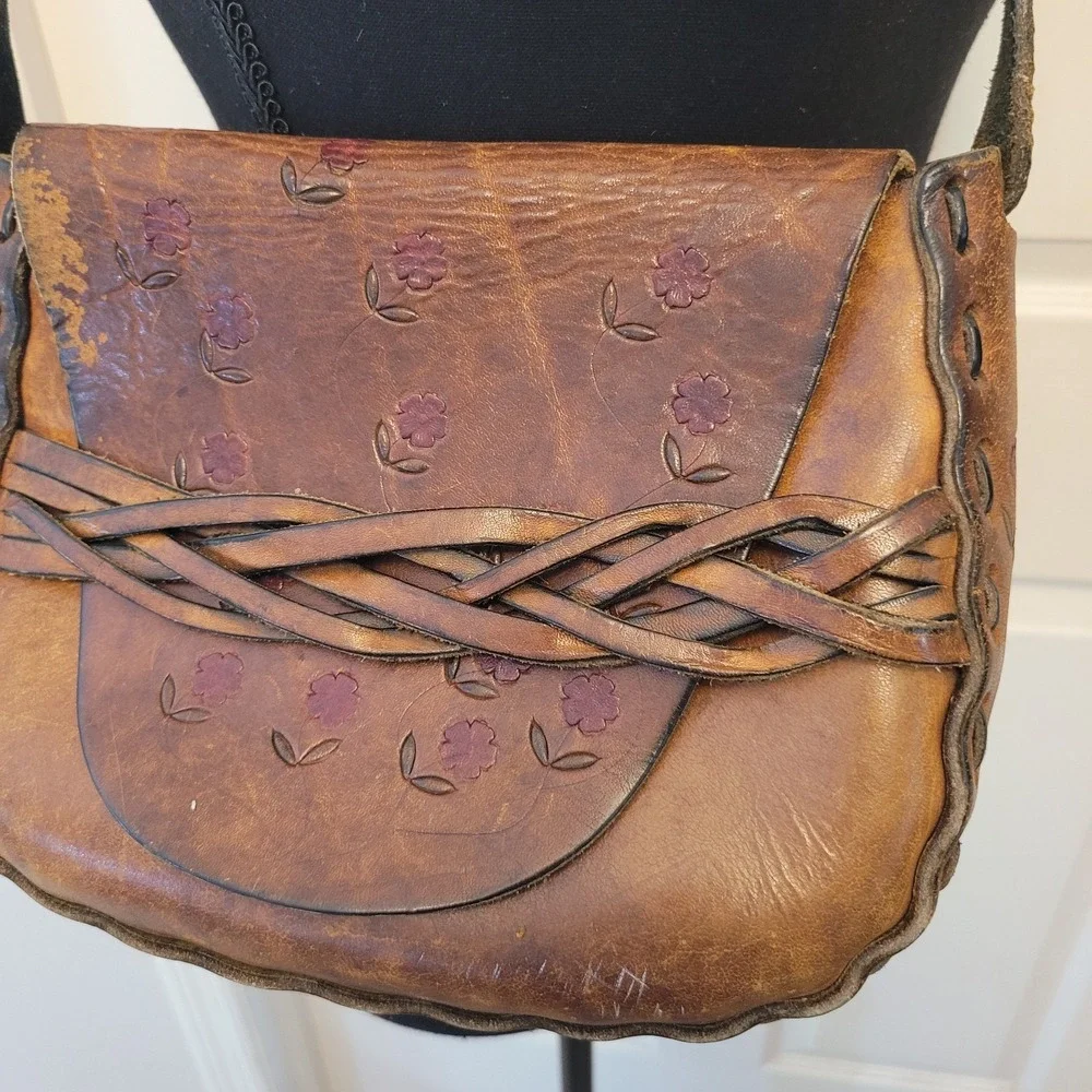 Dante‎ San Jose Tooled Leather Handbag Braided Strap Hippie Boho Flowers Gypsy